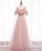 Pink Straps Lace Top Tulle Off Shoulder Prom Dresses, Pink A Line Formal Dresses
