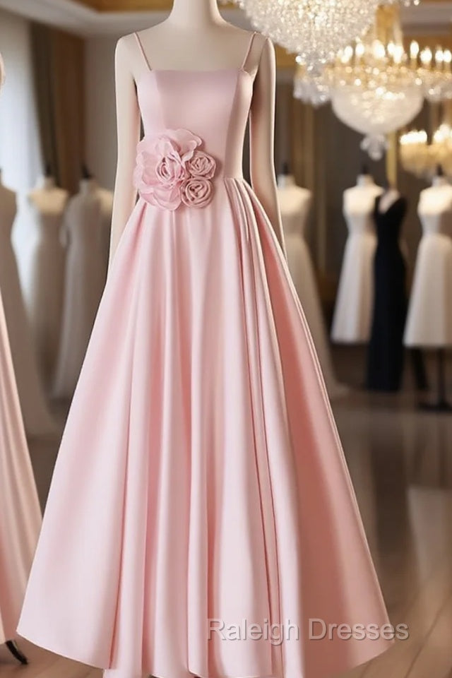 Pink Straps Sweetheart Long Satin Wedding Party Dress, Pink Formal Dress Prom Dress