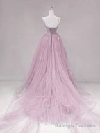 Pink Straps Tulle Chic Long Party Dress Formal Dress, Pink A-line Prom Dress