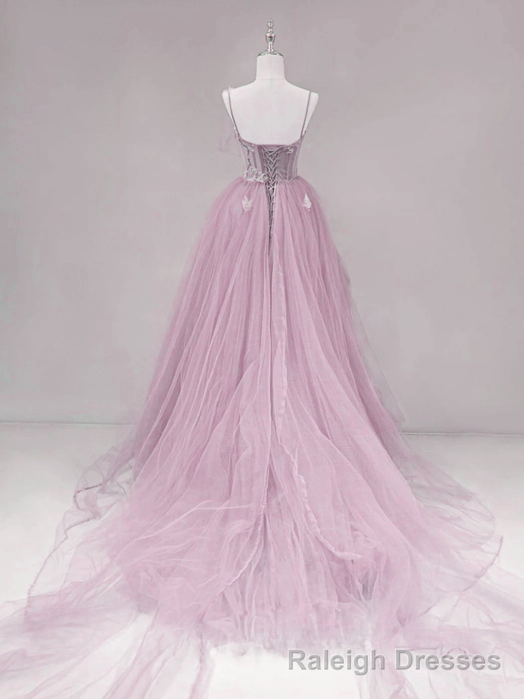 Pink Straps Tulle Chic Long Party Dress Formal Dress, Pink A-line Prom Dress