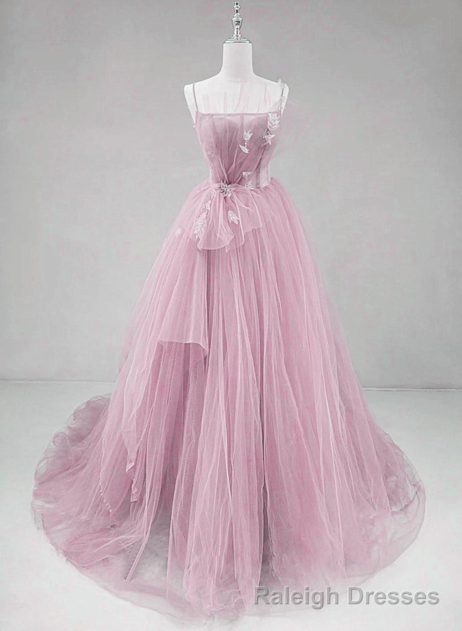 Pink Straps Tulle Chic Long Party Dress Formal Dress, Pink A-line Prom Dress Main image