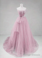 Pink Straps Tulle Chic Long Prom Dress Formal Dress, Pink A Line Prom Dress