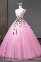Pink Straps Tulle Sweetheart Ball Gowns with Flowers, Pink Formal Dress Prom Dress