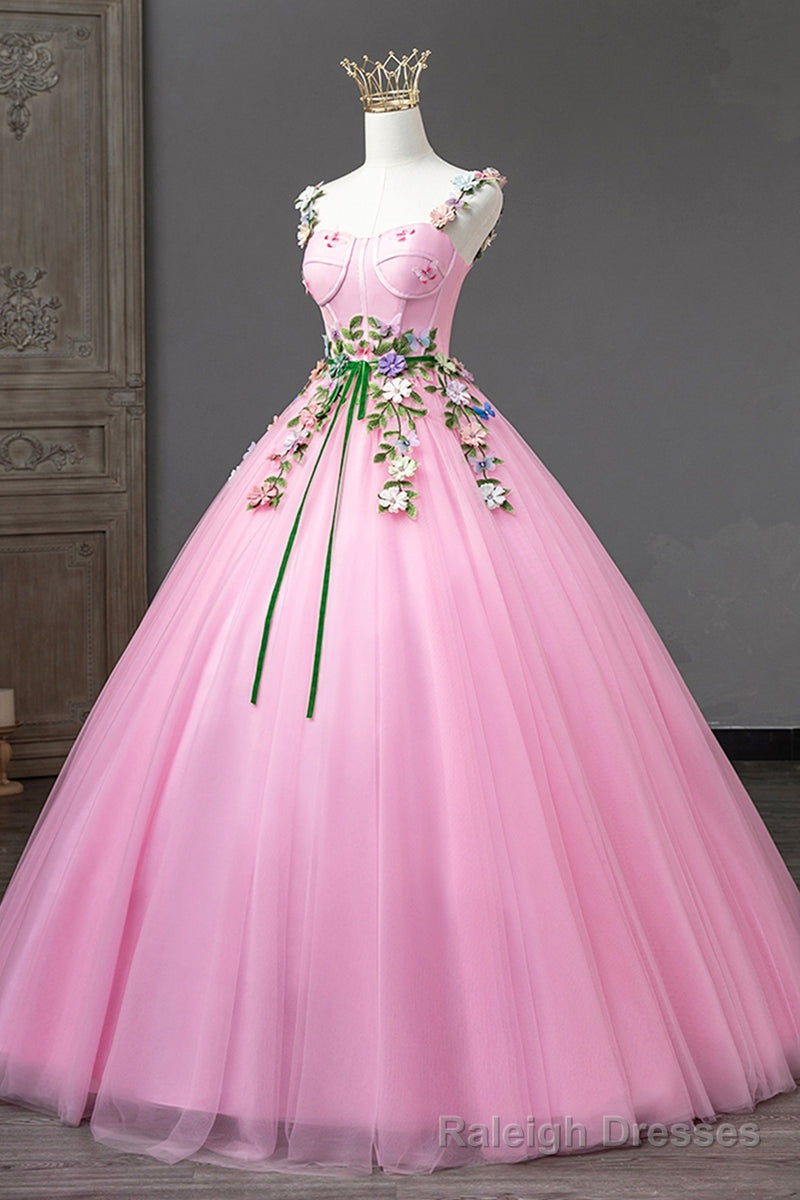 Pink Straps Tulle Sweetheart Ball Gowns with Flowers, Pink Formal Dress Prom Dress