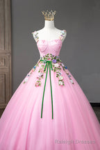 Pink Straps Tulle Sweetheart Ball Gowns with Flowers, Pink Formal Dress Prom Dress
