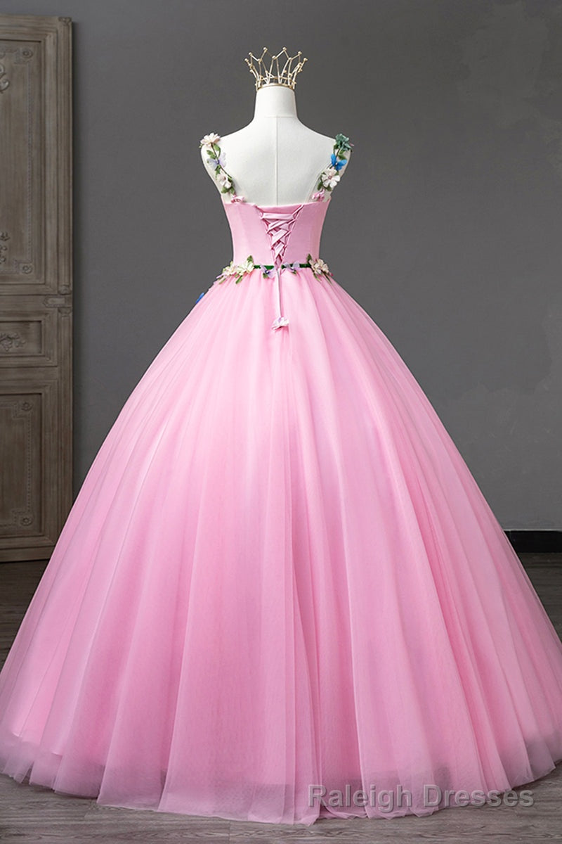 Pink Straps Tulle Sweetheart Ball Gowns with Flowers, Pink Formal Dress Prom Dress