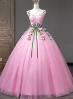 Pink Straps Tulle Sweetheart Ball Gowns with Flowers, Pink Formal Dress Prom Dress