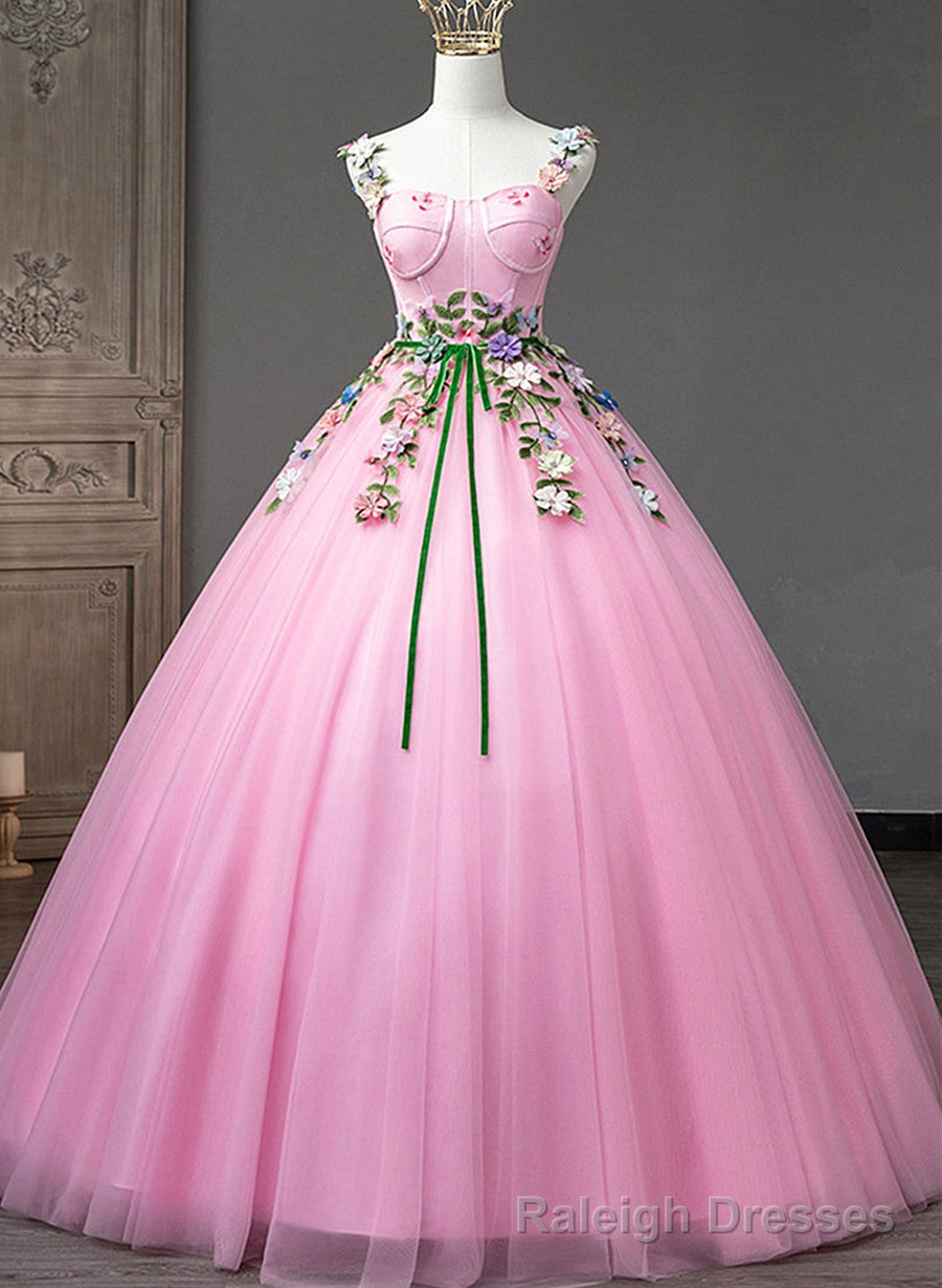Pink Straps Tulle Sweetheart Ball Gowns with Flowers, Pink Formal Dress Prom Dress
