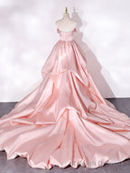 Pink Sweep Train Satin Long Prom Dress, Pink Formal Prom Dresses