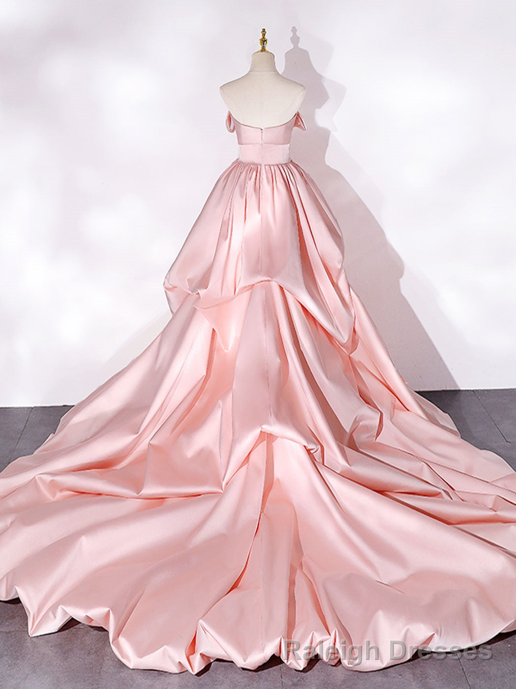 Pink Sweep Train Satin Long Prom Dress, Pink Formal Prom Dresses
