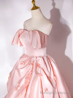 Pink Sweep Train Satin Long Prom Dress, Pink Formal Evening Dresses