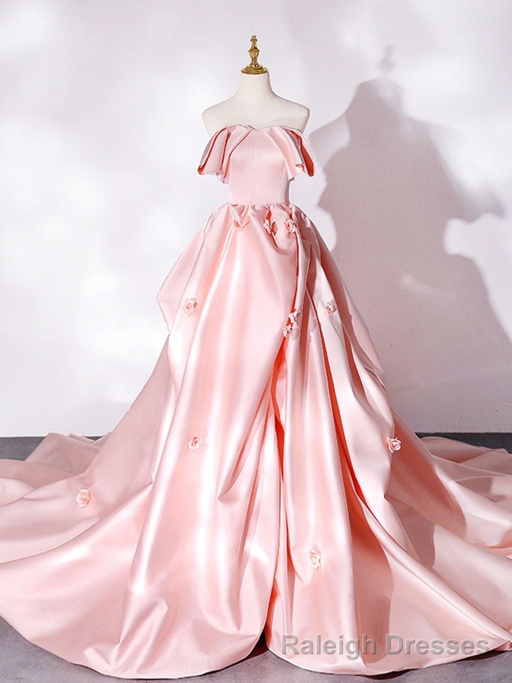 Pink Sweep Train Satin Long Prom Dress, Pink Formal Evening Dresses Secondary image