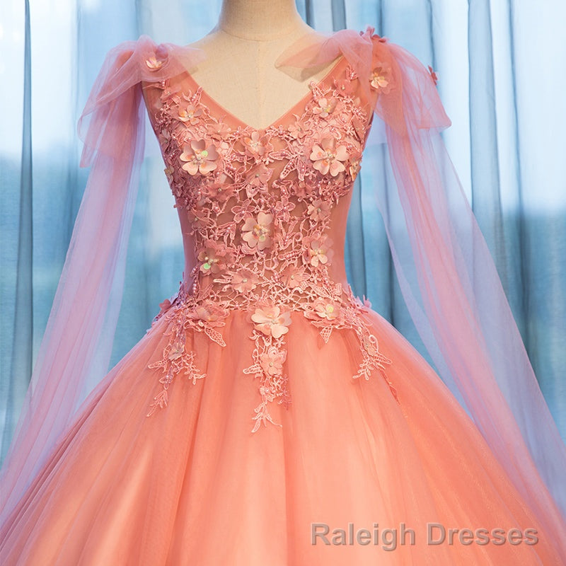 Pink Sweet 16 Formal Tull Gowns with Lace, Pink Prom Dresses