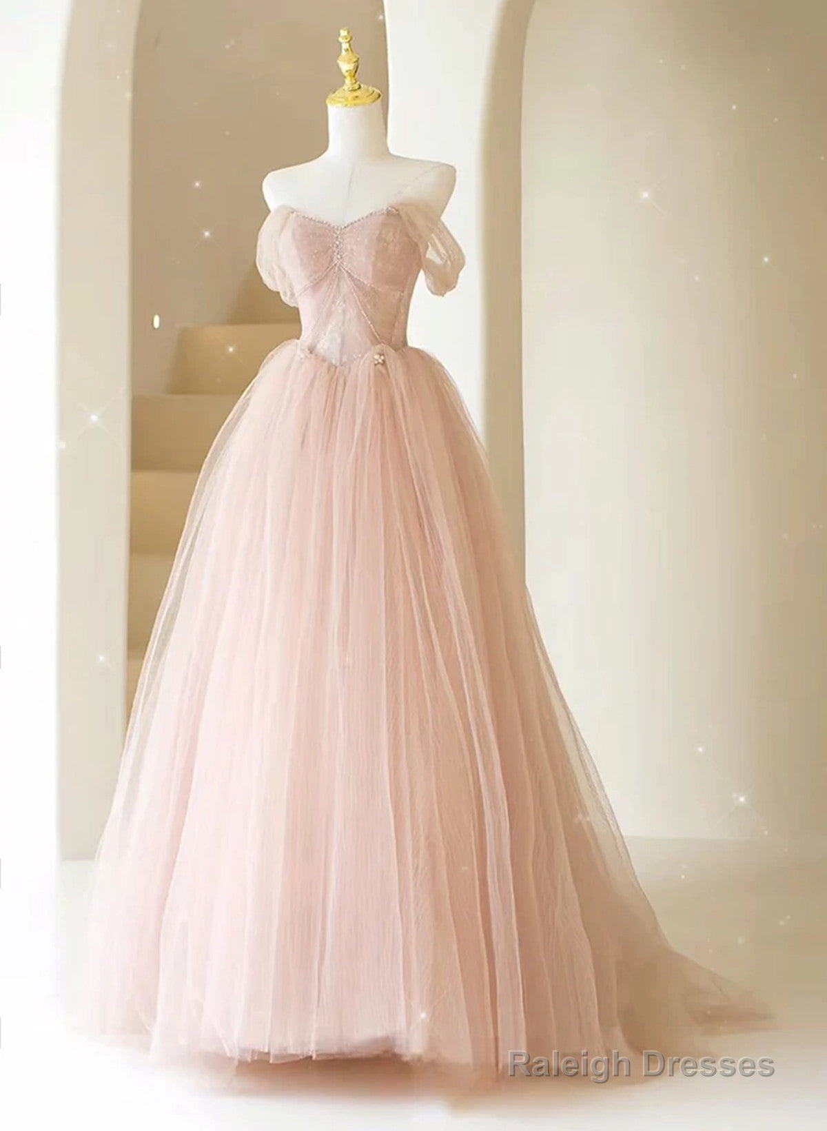 Pink Sweetheart Beaded Long Tulle Prom Dress, Pink Tulle Evening Dress Party Dress Main image
