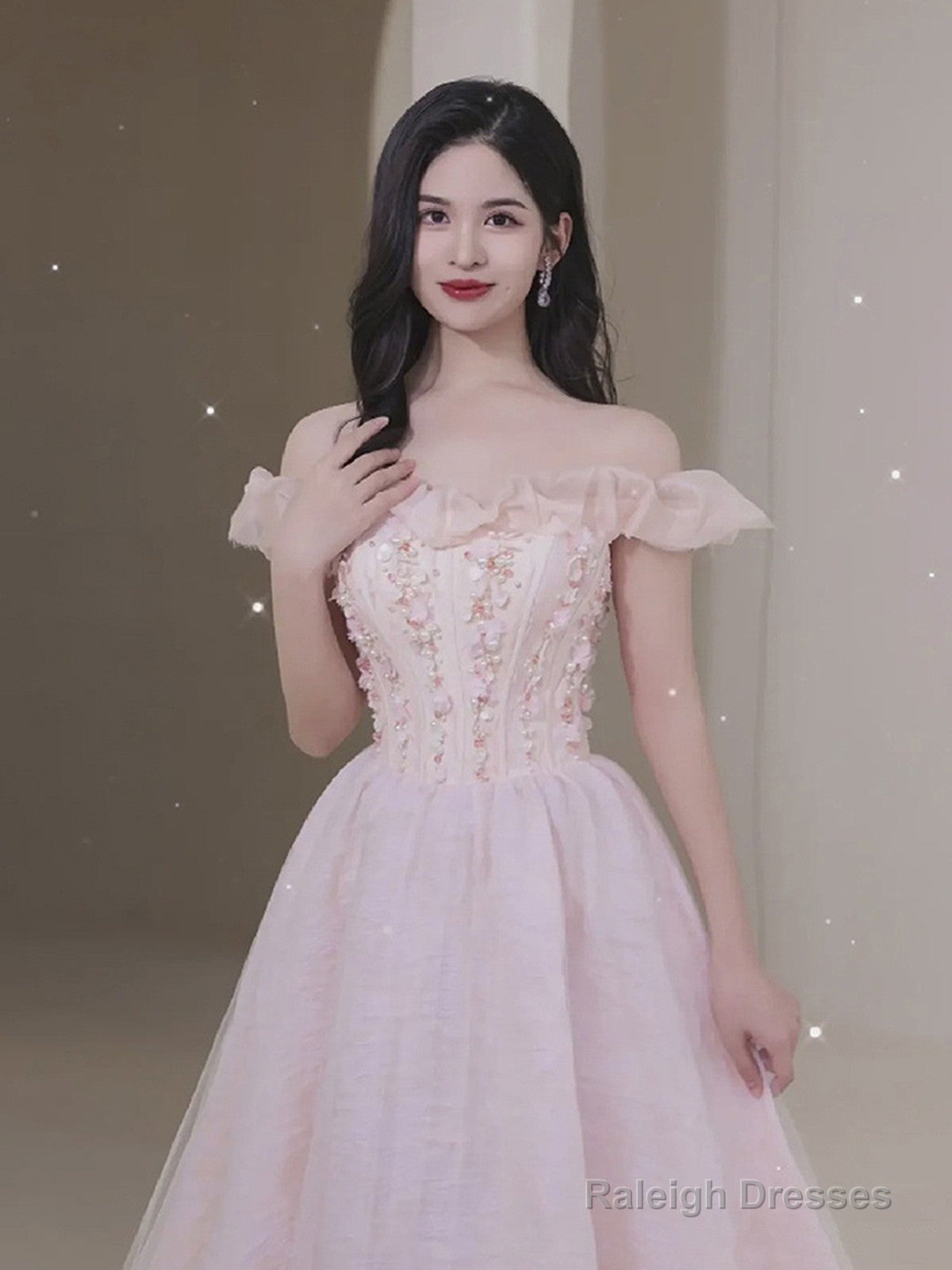 Pink Sweetheart Beaded Tea Length Tulle Homecoming Dress, Pink Tulle Short Prom Dress Secondary image