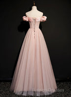 Pink Sweetheart Beaded Tulle Long Prom Dress, A-Line Pink Evening Dress