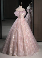 Pink Sweetheart Floral Lace And Tulle Prom Dress, Pink Sweetheart Long Party Dress