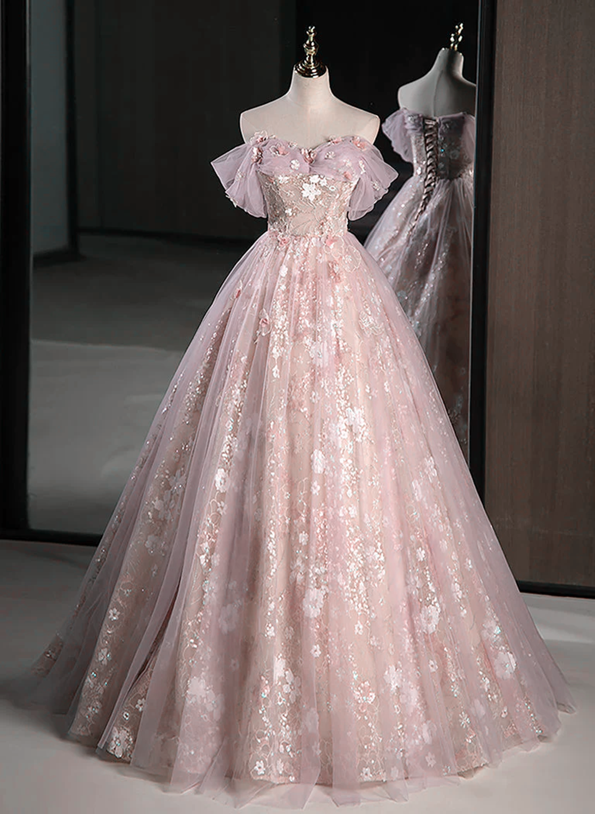 Pink Sweetheart Floral Lace And Tulle Prom Dresses Pink Sweetheart Long Prom Dresses