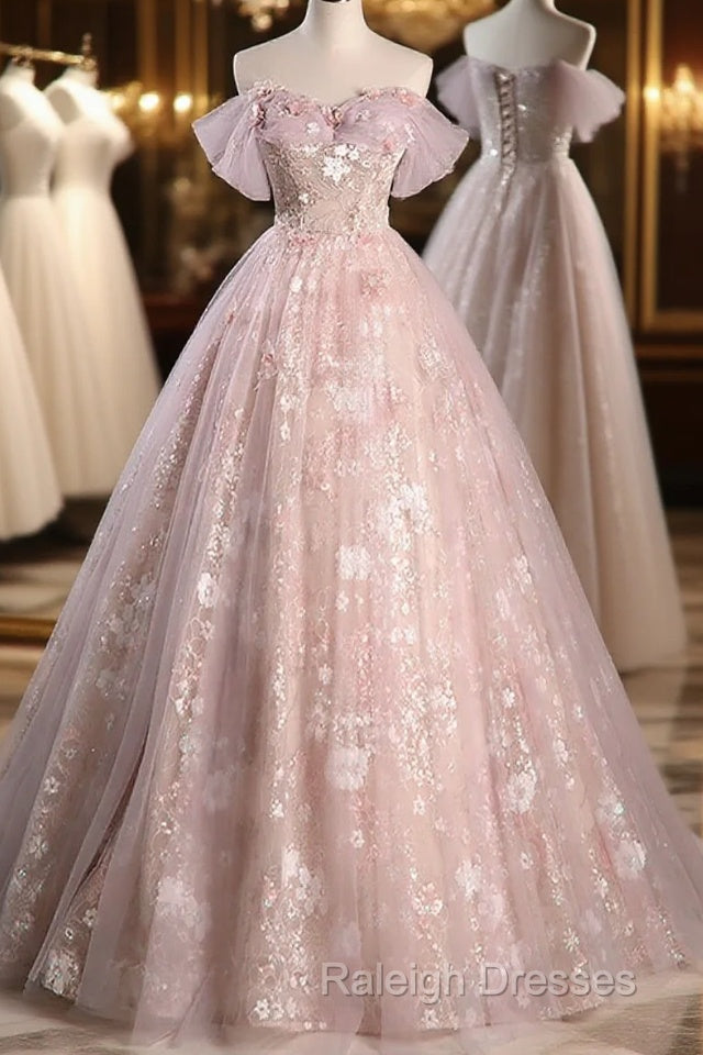 Pink Sweetheart Floral Lace And Tulle Prom Dresses Pink Sweetheart Long Prom Dresses