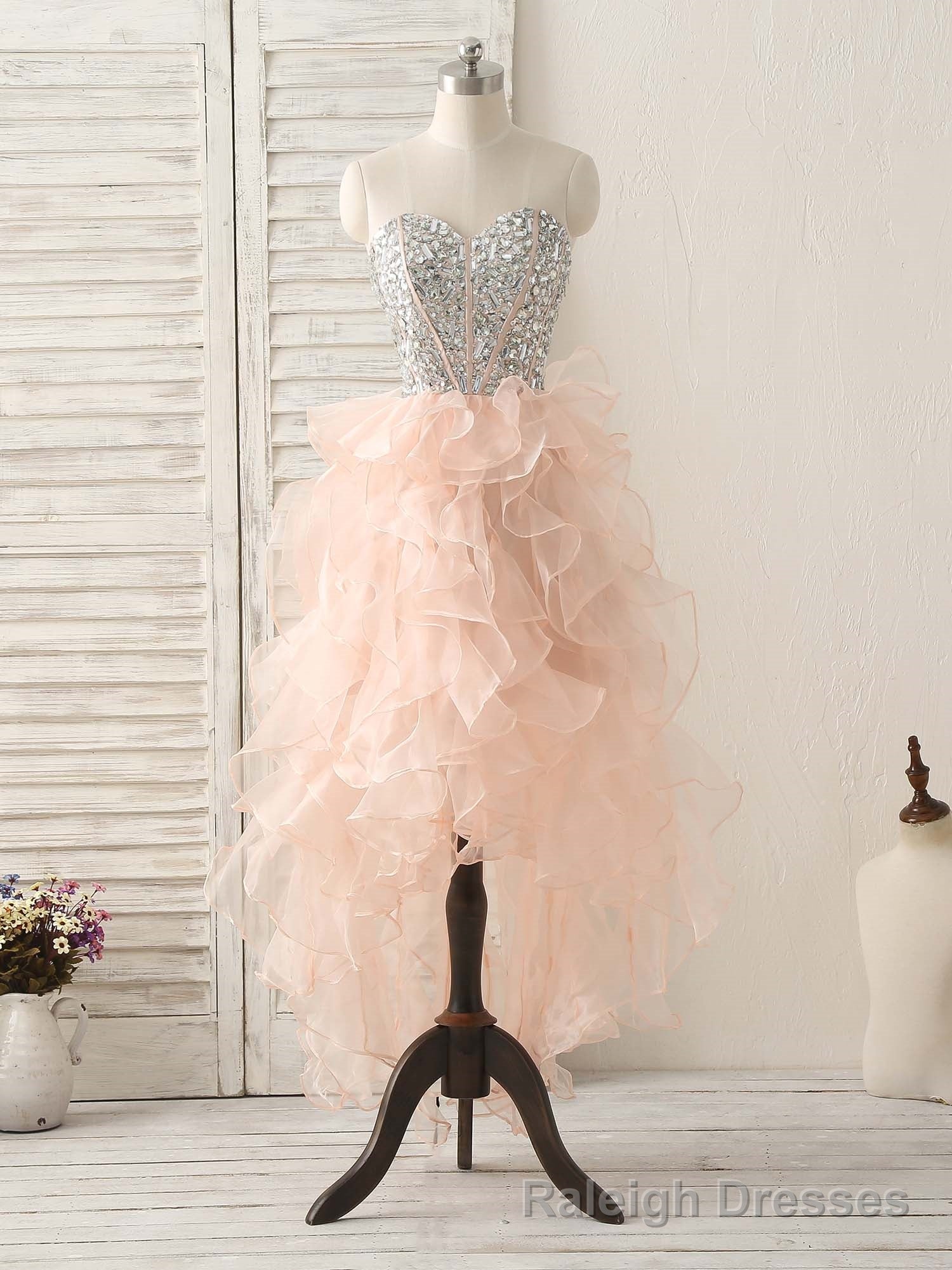 Pink Sweetheart Neck Rhinestones Organza Prom Dress Pink Homecoming Dresses Main image