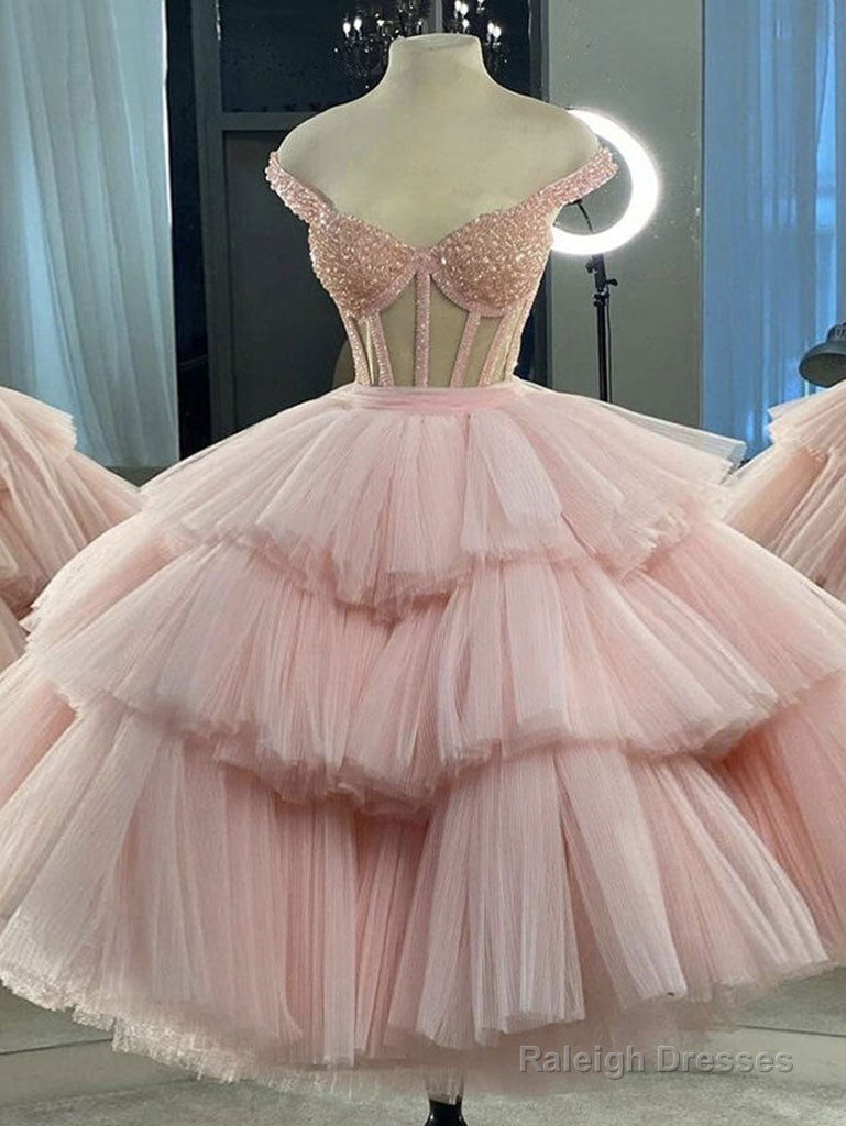 Pink Sweetheart Neck Tulle Beads Short Prom Dress, Pink Homecoming Dress Main image