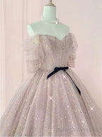 Pink Sweetheart-Neck Tulle Lace Half-Sleeve Prom Dresses, Pink Party Dress