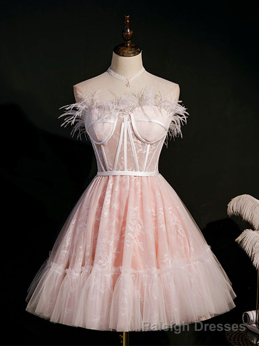 Pink Sweetheart Neck Tulle Lace Short Prom Dress, Puffy Pink Homecoming Dress Main image