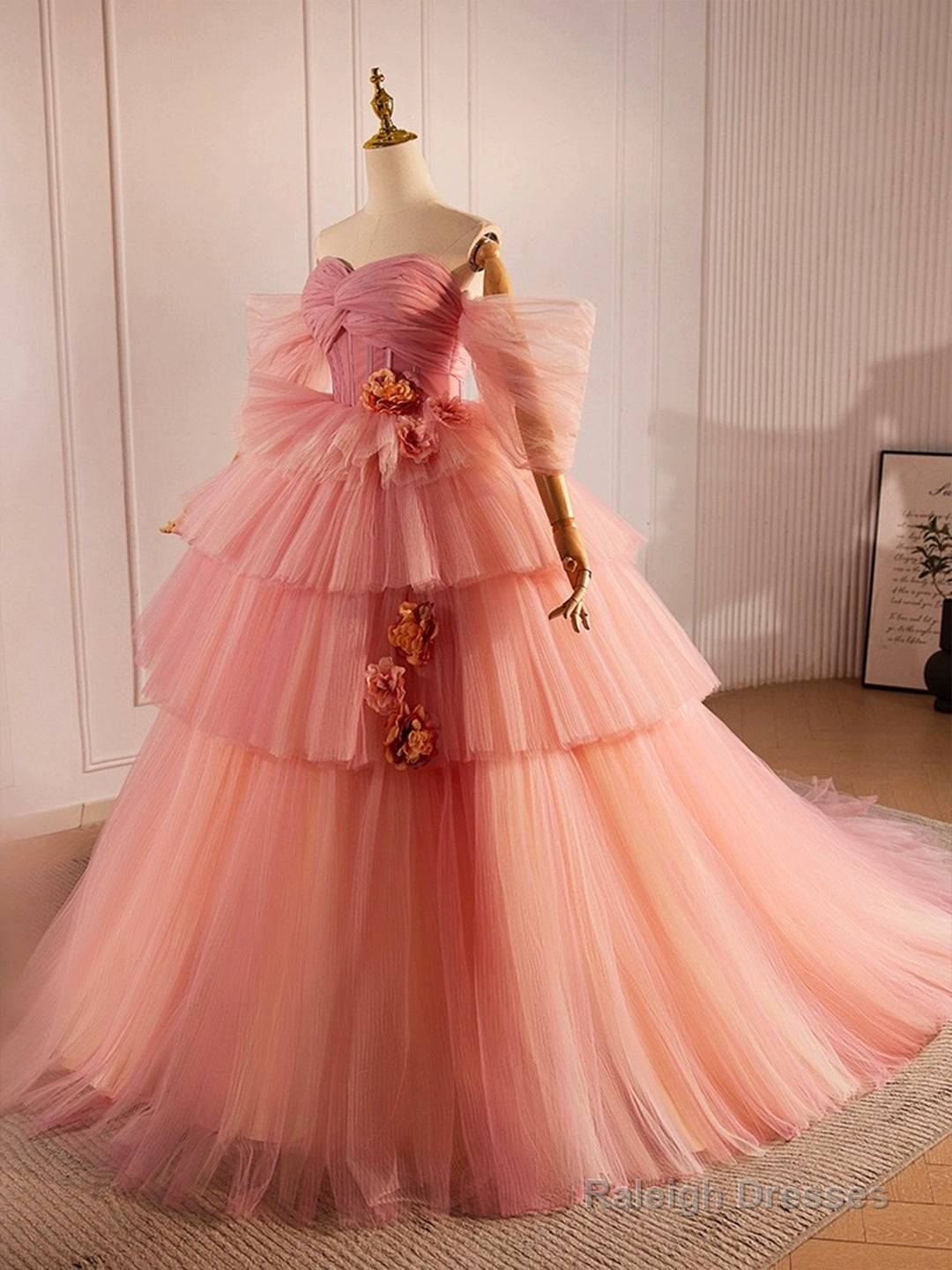 Pink Sweetheart Neck Tulle Long Ball Gown, Beautiful A-Line Evening Party Gown