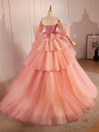 Pink Sweetheart Neck Tulle Long Ball Gown, Beautiful A-Line Evening Party Gown