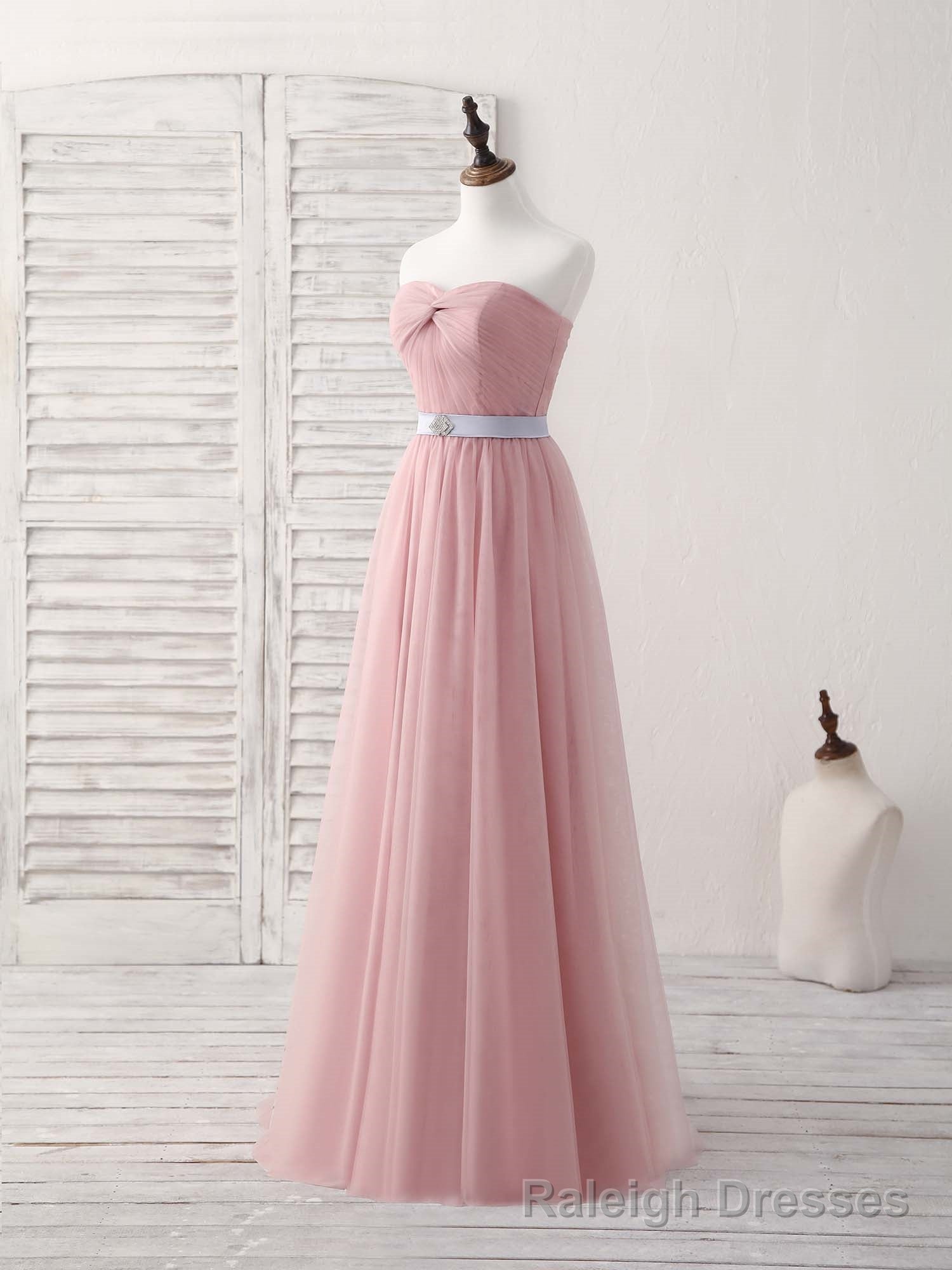 Pink Sweetheart Neck Tulle Long Prom Dress, Aline Pink Bridesmaid Dress Secondary image