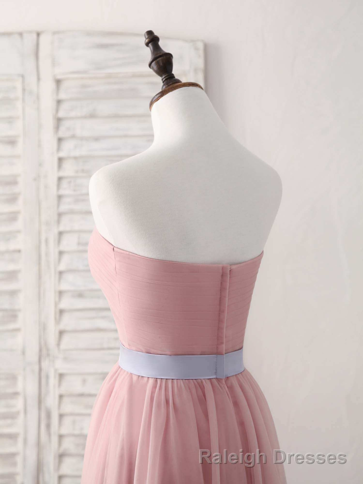 Pink Sweetheart Neck Tulle Long Prom Dress, Aline Pink Bridesmaid Dress