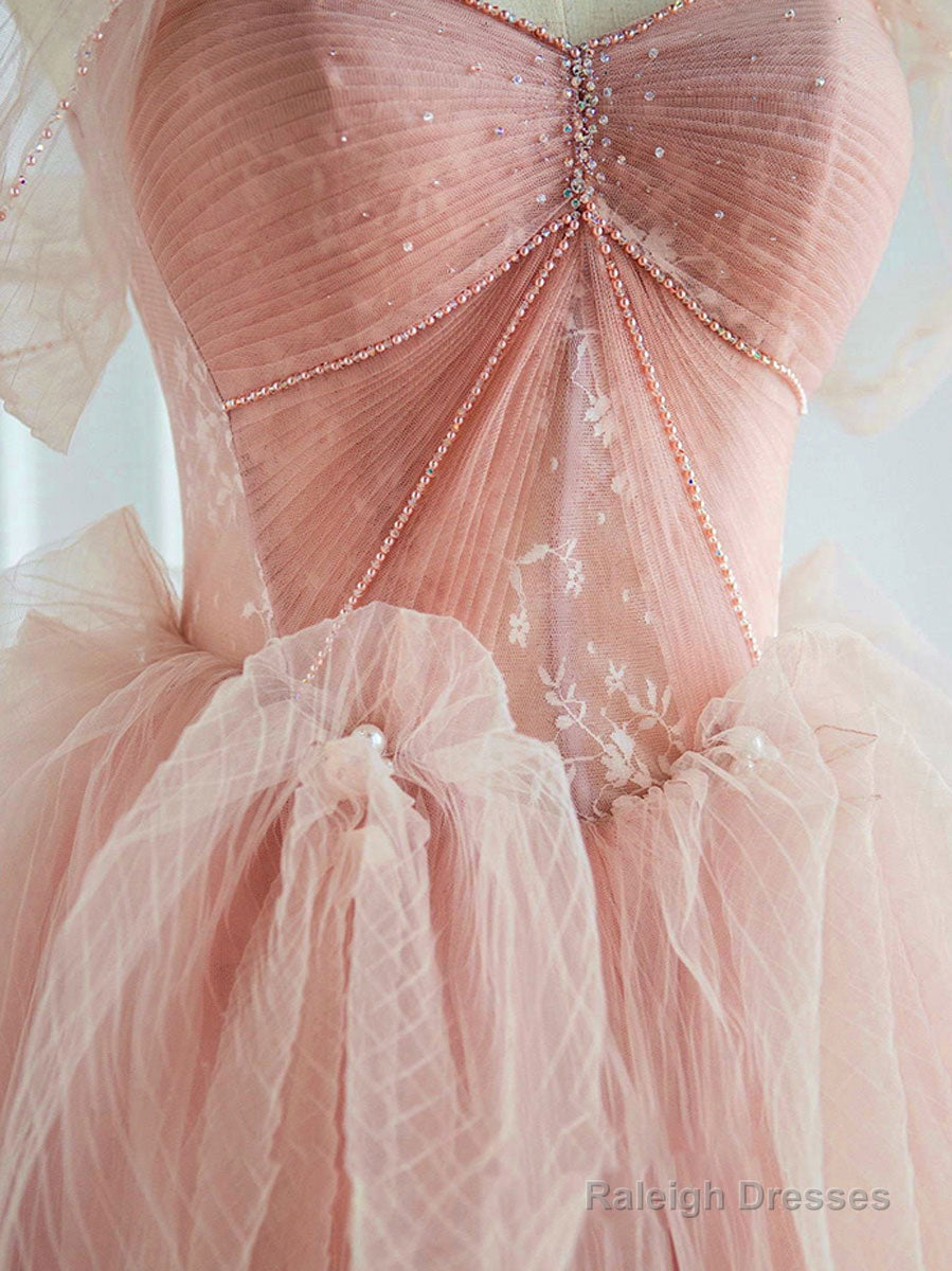 Pink Sweetheart Neck Tulle Long Prom Dress, Pink Tulle Formal Dress