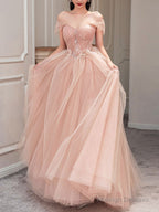 Pink Sweetheart Neck Tulle Long Prom Dress, Pink Tulle Formal Dress