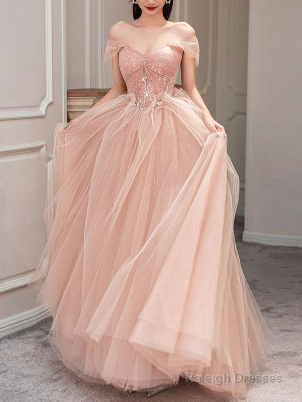 Pink Sweetheart Neck Tulle Long Prom Dress, Pink Tulle Formal Dress