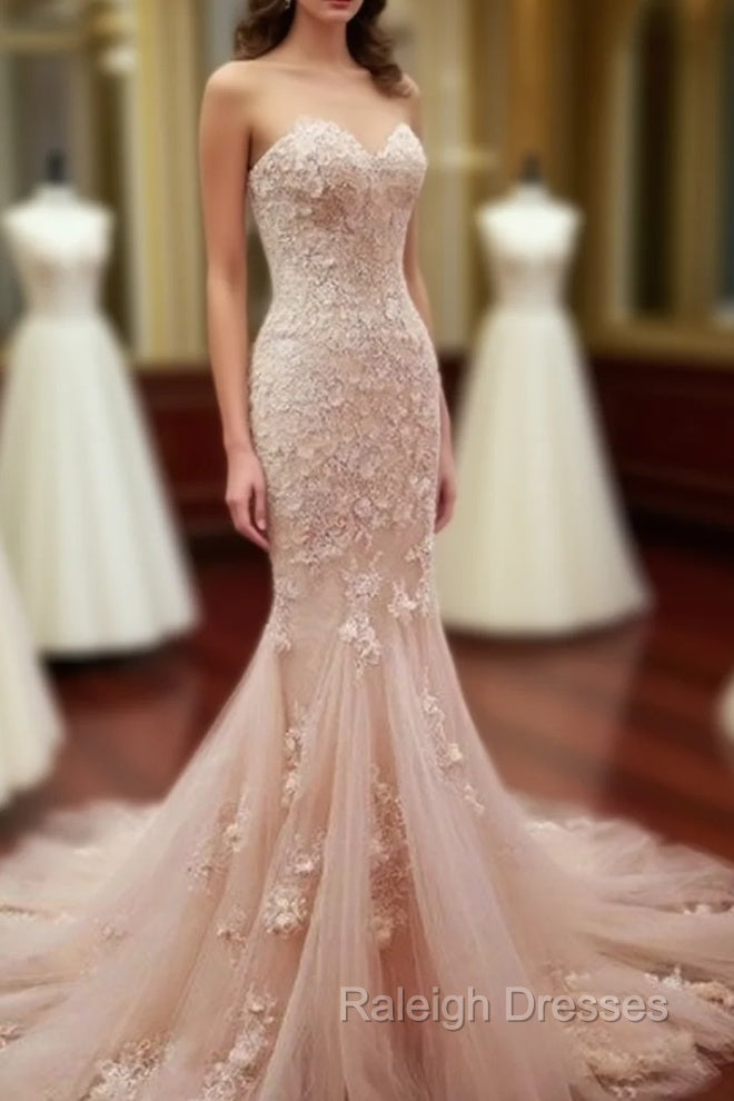 Pink Sweetheart Neck Tulle Mermaid Long Prom Dress, Wedding Dress