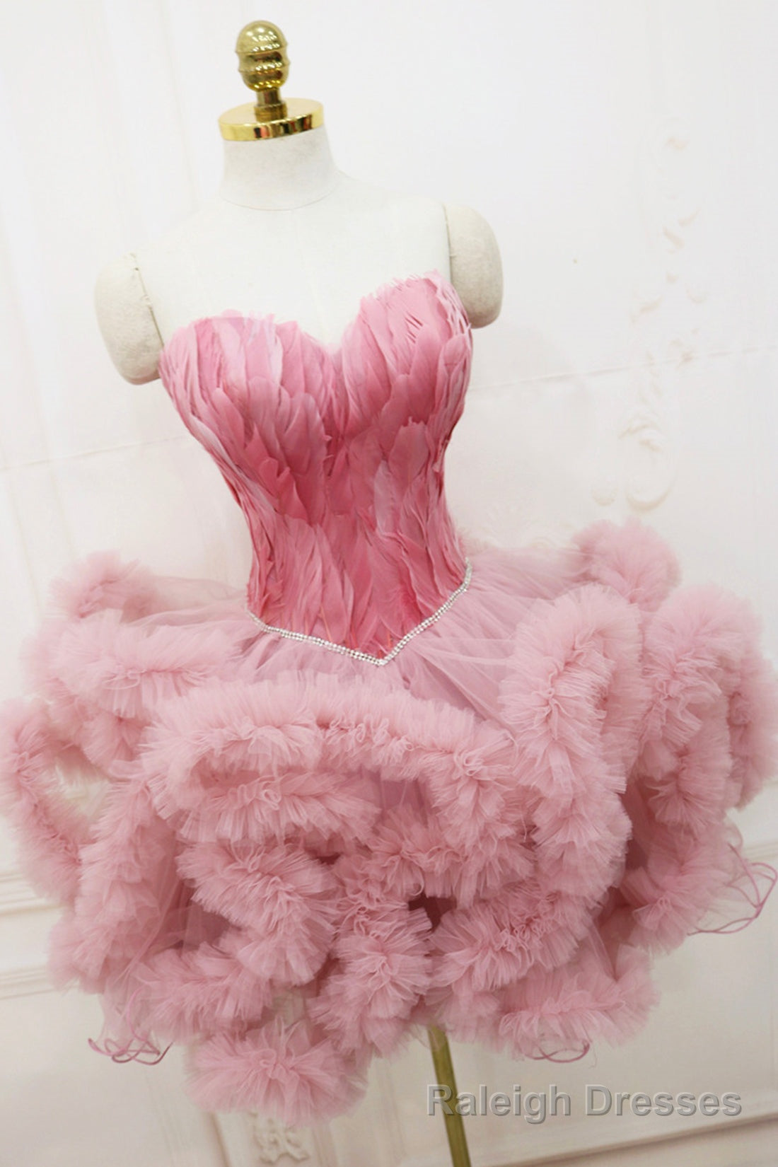 Pink Sweetheart Neck Tulle Party Dress, A Line Short Prom Dress with Feather Secondary image