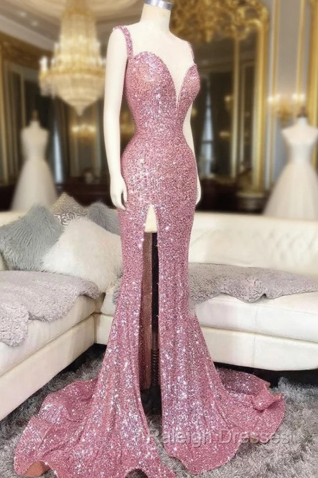 Pink Sweetheart Sequin Mermaid Long Prom Dress Pink Evening Dress