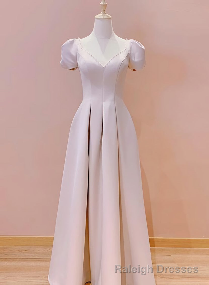 Pink Sweetheart Short Sleeves Floor Length Prom Dress, Pink Wedding Prom Dresses