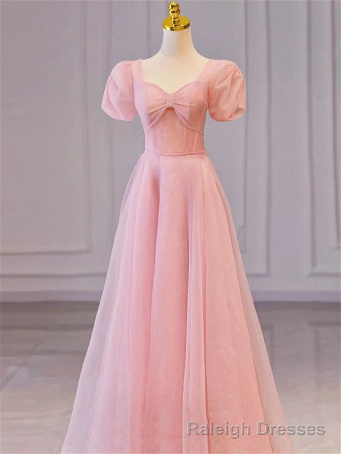 Pink Sweetheart Short Sleeves Long A Line Prom Dress, Pink Prom Gown