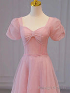 Pink Sweetheart Short Sleeves Long A Line Prom Dress, Pink Prom Gown