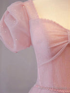 Pink Sweetheart Short Sleeves Long A-line Prom Dress, Pink Evening Gowns