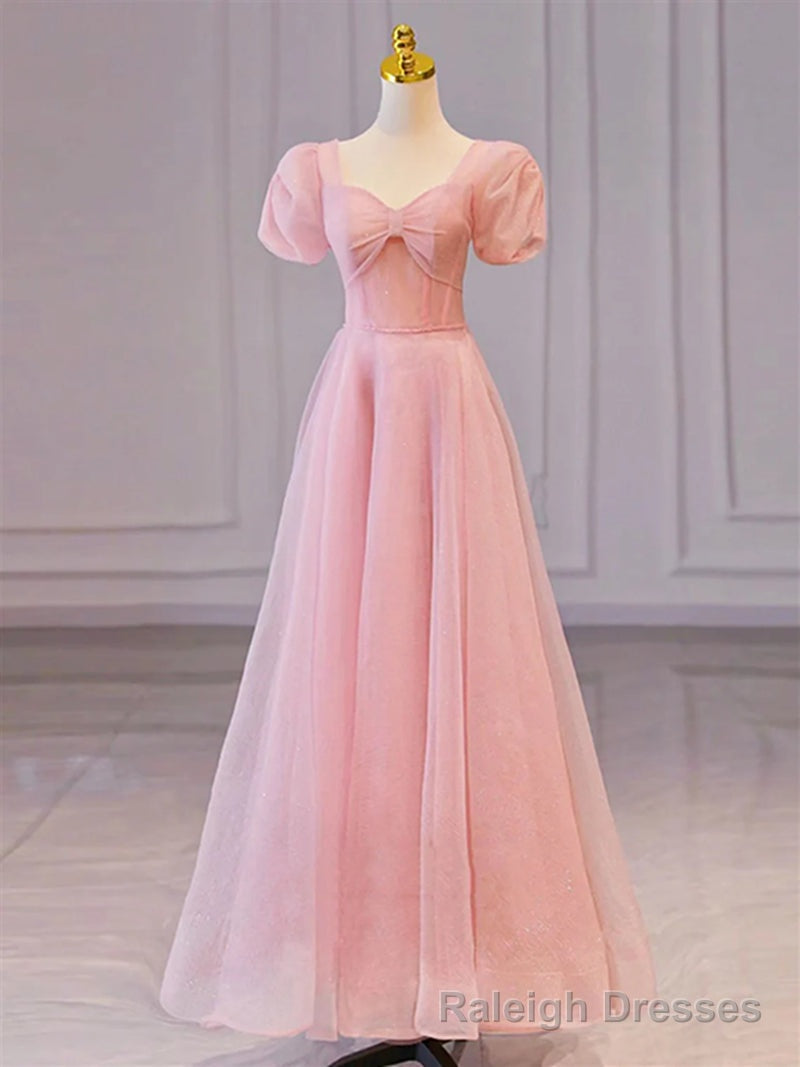 Pink Sweetheart Short Sleeves Long A Line Prom Dress, Pink Prom Gown