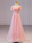 Pink Sweetheart Short Sleeves Long A Line Prom Dress, Pink Prom Gown