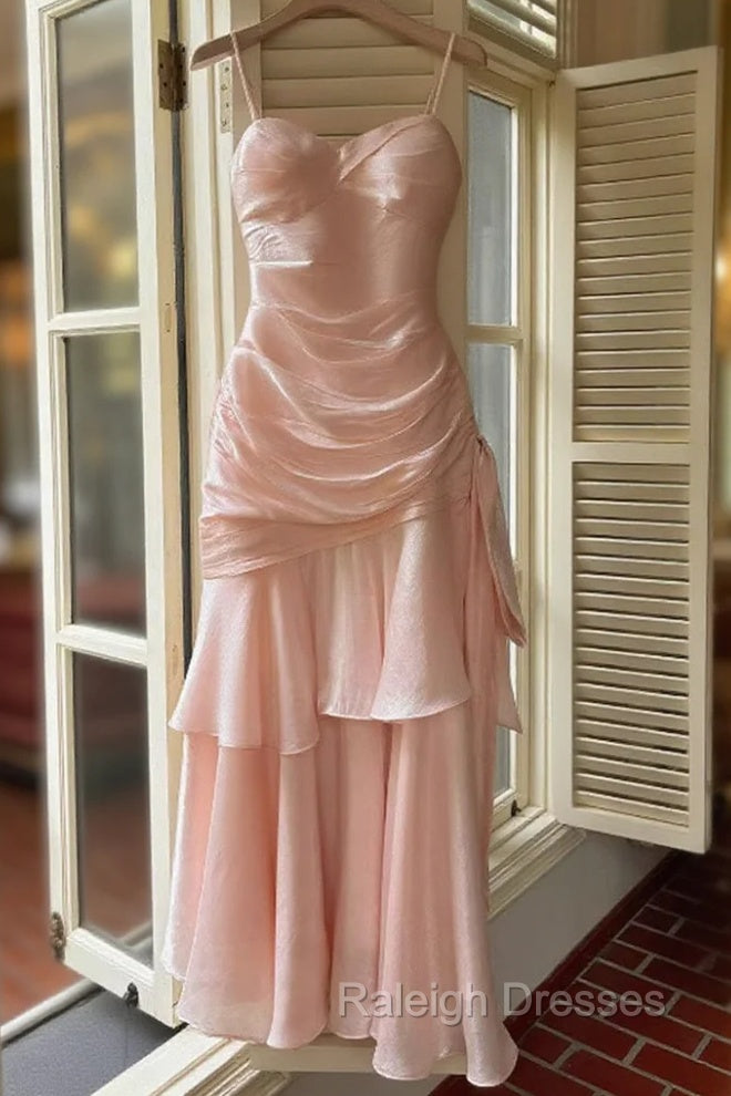 Pink Sweetheart Straps Mermaid Evening Dress, Pink Satin Long Prom Dress Main image