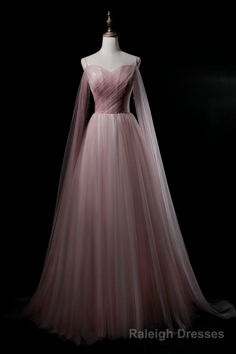 Pink Sweetheart Tulle Long Elegant Evening Dress, Pink Prom Dress