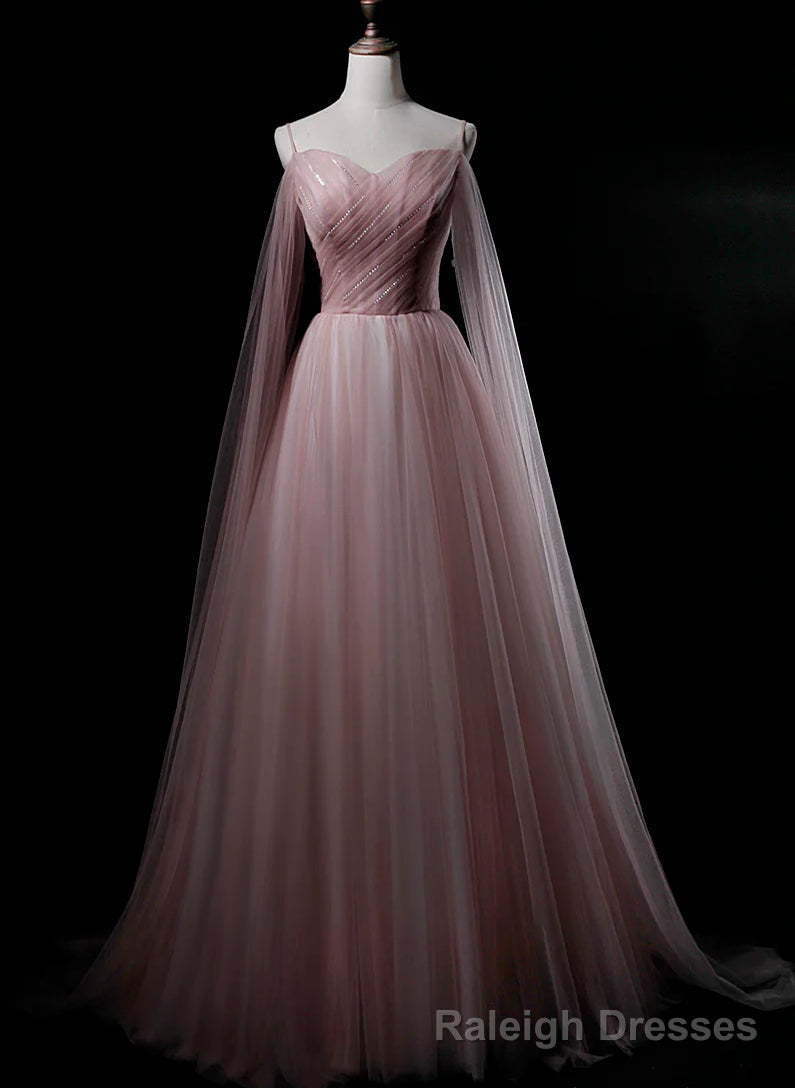 Pink Sweetheart Tulle Long Elegant Evening Dress, Pink Prom Dress