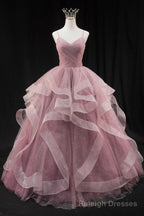 Pink Sweetheart Tulle Long Prom Dress, Pink Sweet 16 Gowns