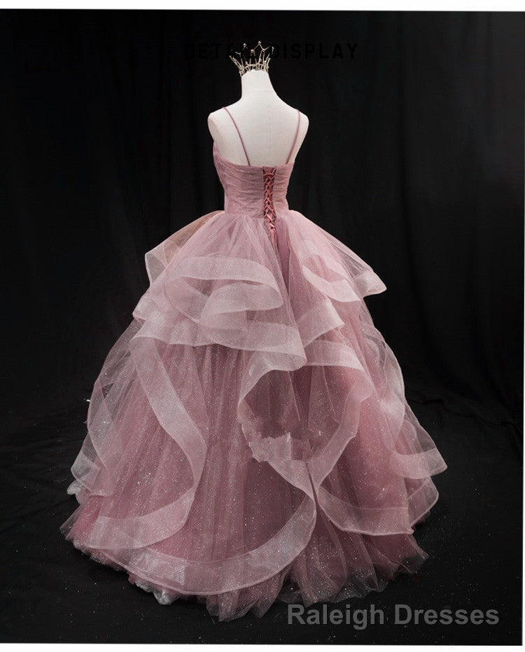 Pink Sweetheart Tulle Long Prom Dress, Pink Sweet 16 Gowns