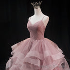 Pink Sweetheart Tulle Long Prom Dress, Pink Sweet 16 Gowns