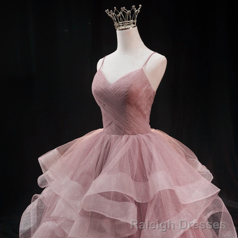 Pink Sweetheart Tulle Long Prom Dress, Pink Sweet 16 Gowns
